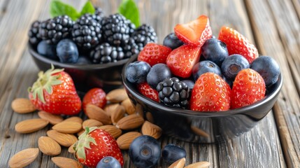 Assorted berries and almonds displayed in bowls on a rustic wooden table