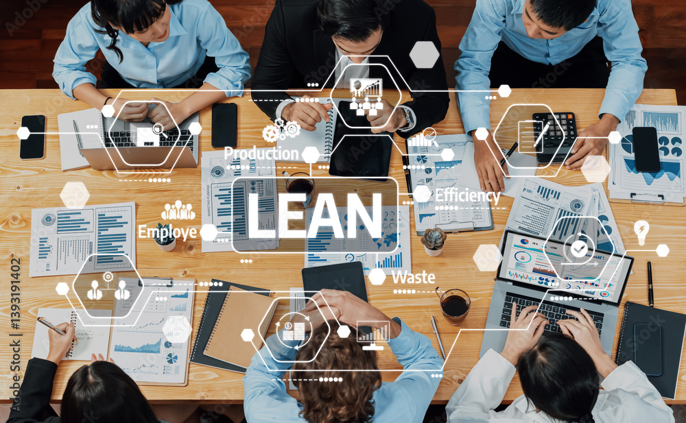 Poster a diverse team collaborates in a meeting to enhance efficiency and reduce waste through lean managem