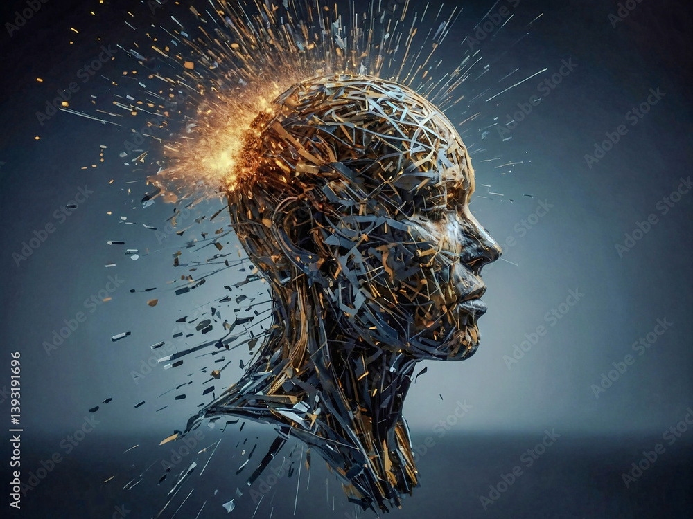 Poster digital representation of exploding data streams from a human head.