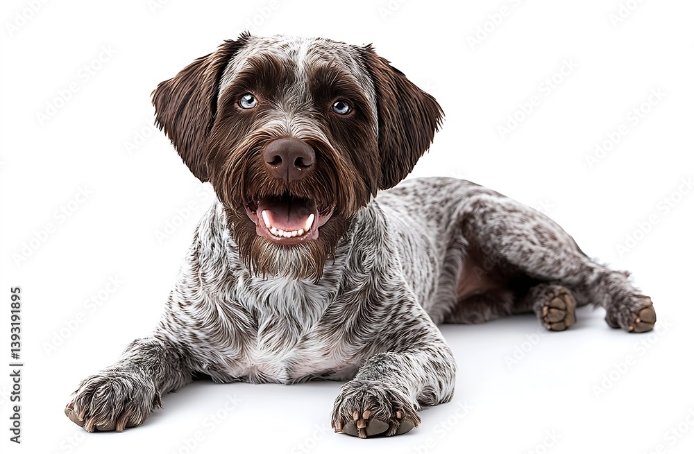 Poster Charming Portrait of German Wirehaired Pointer Puppy with Open Mouth and Expressive Eyes on White Background : Generative AI