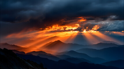 Rays of orange and gold streak through clouds above mountain ridge.