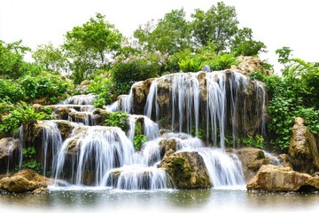 Obraz premium Cascading waterfall flowing over rocks surrounded by lush green vegetation in a tranquil setting outdoors
