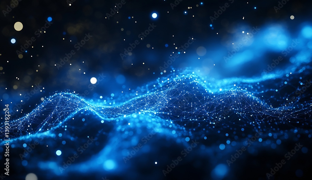 Poster Enchanting blue digital landscape with sparkling particles illustrating motion and energy dynamics in technology : Generative AI