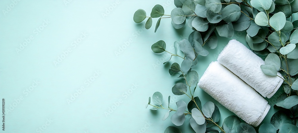 Aufkleber charming spa setup with two soft towels surrounded by eucalyptus leaves on a serene teal background 