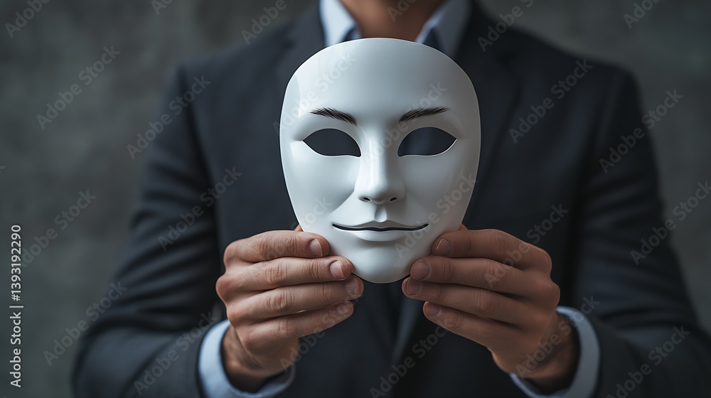 Poster person presenting a flawless white mask in mysterious atmosphere highlighting hidden identity : gene