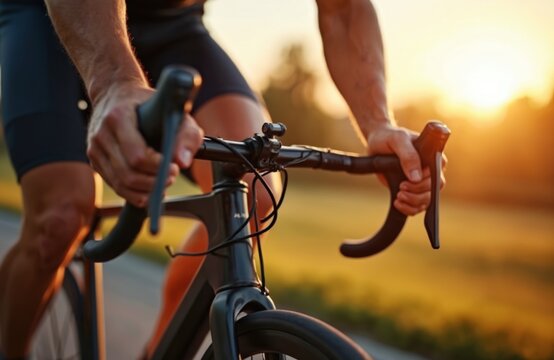 Close-up of cyclist hands on handlebars holding brakes during ride. Cyclist grips handlebar controls with focus on road biking adventure. Cycling sport with blurred background. Healthy active