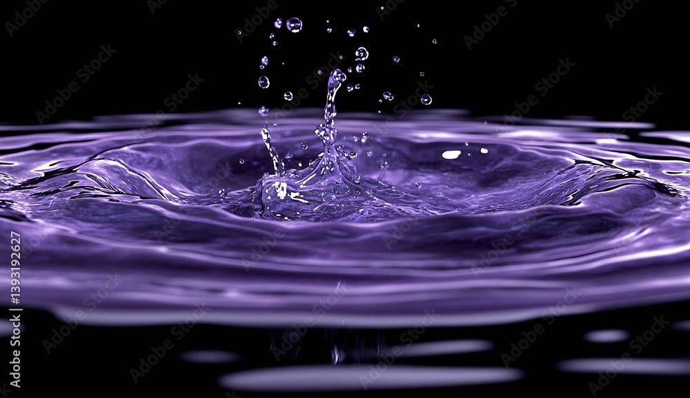 Poster intricate splash of purple water droplets rising above a glossy surface : generative ai