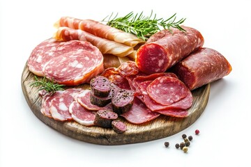 Obraz premium Assorted Cured Meats and Rosemary on Rustic Wooden Serving Board