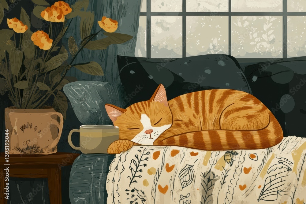Aufkleber Cozy afternoon with a knitting blanket and a sleepy cat resting on a couch by the window with a warm cup of tea