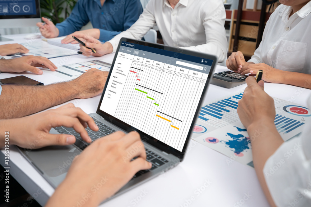 Leinwandbilder Project planning software for brisk business project management on the computer screen showing timeline chart of the team project