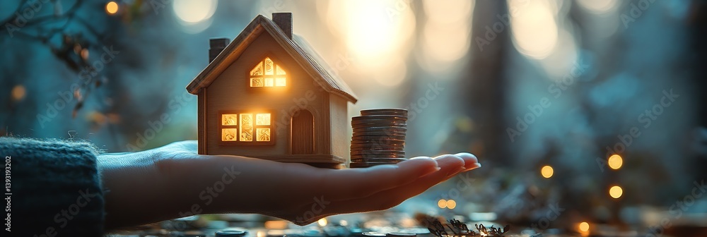 Poster Hand Holding Toy House with Stack of Coins in Forest. Concept of Investment and Home Loan : Generative AI