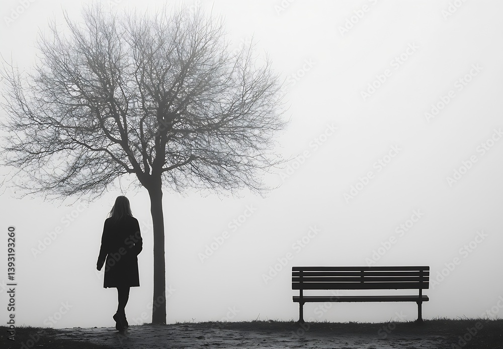 Poster elegant woman strolling in fog with emotionally charged background of bare tree and bench : generati