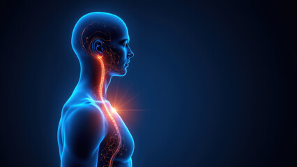 An illustration showing a close-up view of human anatomy, specifically focusing on the heart and central nervous system with highlighted vns, vagus nerve stimulation.