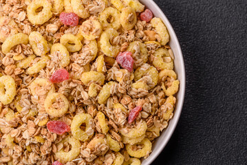 Flakes, chocolate balls and dried fruit for a hearty breakfast