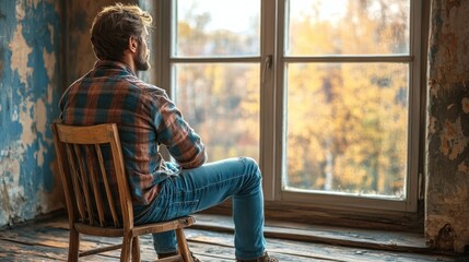 Man sitting by a window, contemplating the autumn scenery