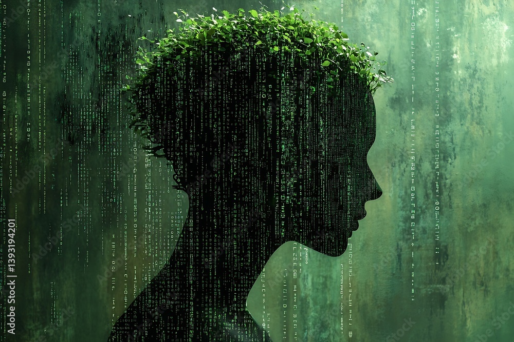 Poster Silhouette of Woman's Head with Green Foliage and Binary Code Digital Art Nature and Technology Artificial Intelligence Concept : Generative AI