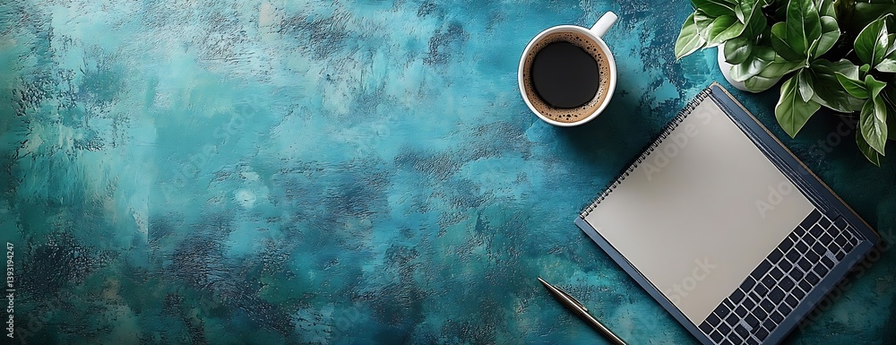 Aufkleber turquoise desk flat lay with coffee notebook and plant stylish workspace photography : generative ai