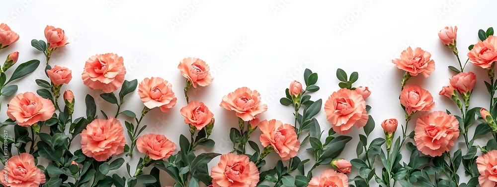 Poster elegant floral border with peach carnations delicate flower arrangement on white background springti