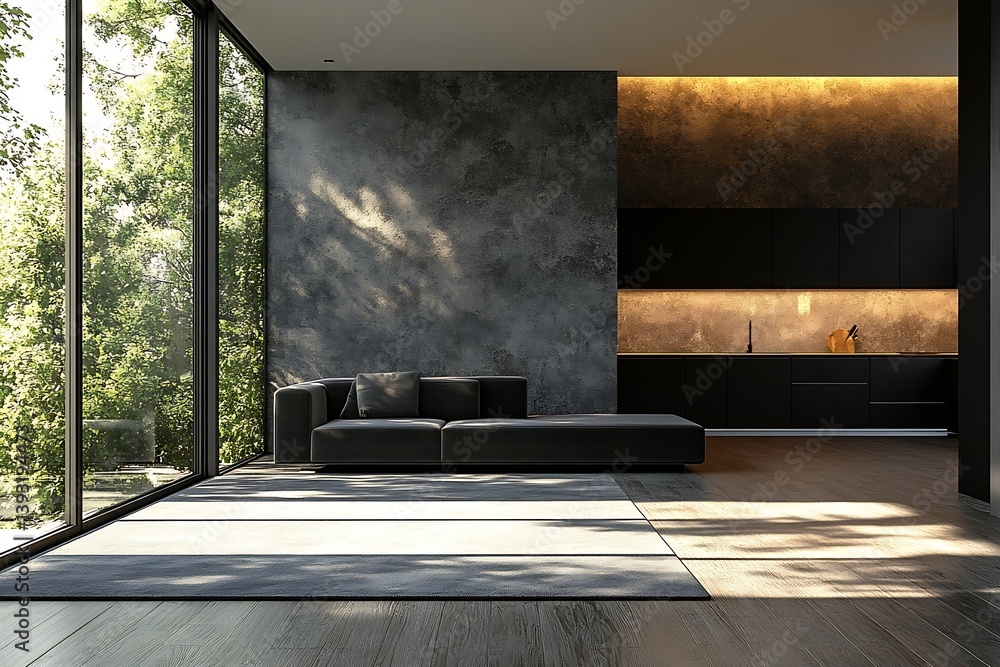 Aufkleber Modern Minimalist Interior Design with Black Sofa and Concrete Wall Illuminated by Natural Light from Large Window : Generative AI