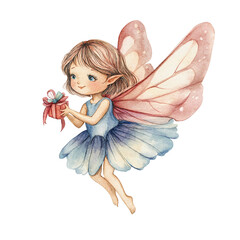 Whimsical Watercolor Fairies Holding Gift. Watercolor illustration of fantasy fairy girl with a gift.