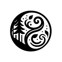 Black and White Nature Logo: Forest, Swirls, & Leaves in Circle