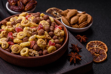 Flakes, chocolate balls and dried fruit for a hearty breakfast