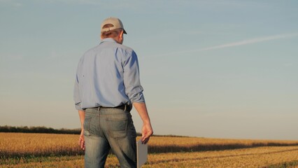 Farmer standing in golden wheat fields with a tablet, Agricultural innovation through technology,...