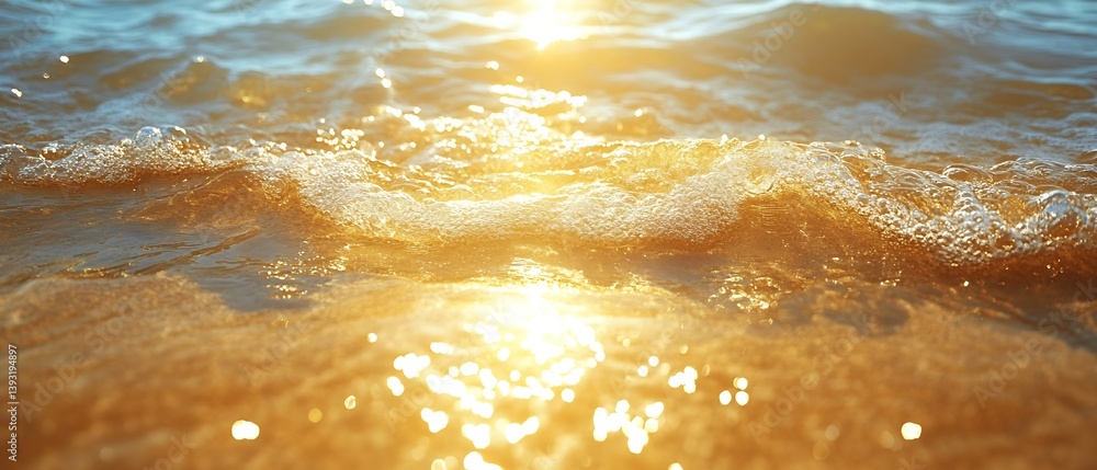 Poster Golden Hour Waves Crashing on Sandy Beach Sparkling Sunlight Reflection on Ocean Water Summer Vibes Coastal Scene : Generative AI