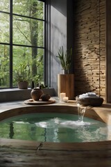 A bathroom with a large bathtub and a waterfall