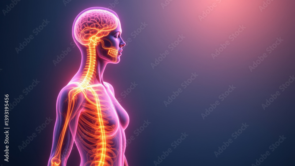 Poster a 3d rendering of a human body with highlighted nervous system features focusing on vns or vagus ner