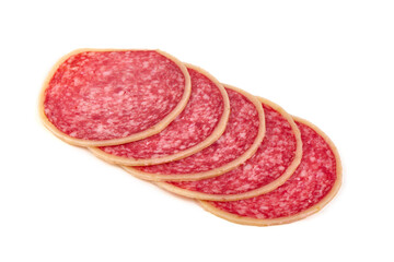 Sliced salami sausage, isolated on white background.