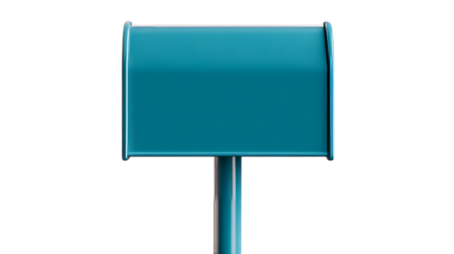 Bright blue mailbox on pole, front view, glossy finish, cut out transparent - Powered by Adobe