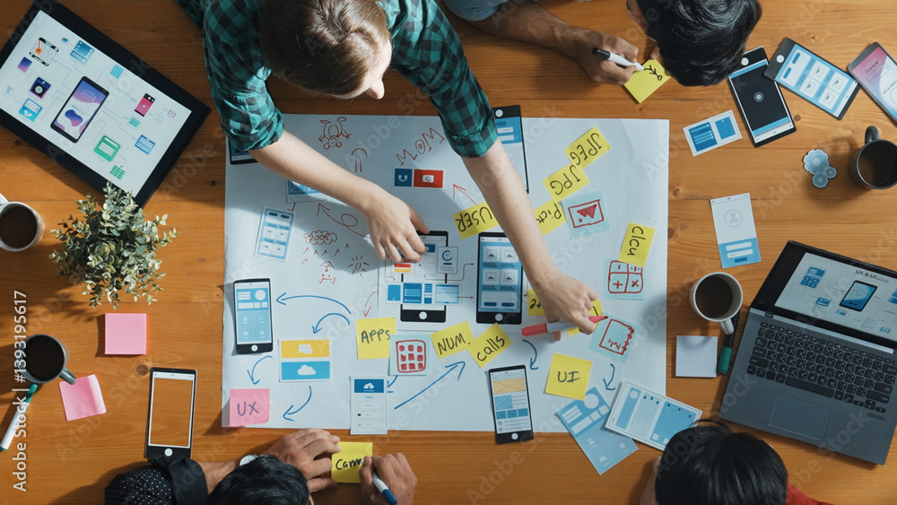 Poster top view of developer team sharing idea of ux ui design by using mind map. top down view of group of