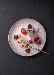 A slice of pink colored puff cake for a birthday celebration