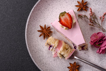 A slice of pink colored puff cake for a birthday celebration