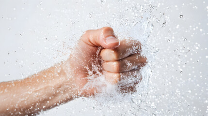 Fototapeta premium A fist clenches through a burst of water, creating a dynamic splash of droplets.