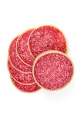 Sliced salami sausage, isolated on white background.