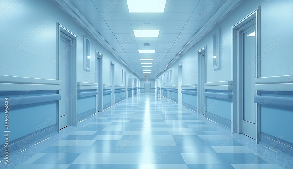 Poster Symmetrical Hospital Hallway with Blue Toned Walls and Floors Emphasizing Cleanliness and Order in Healthcare Setting : Generative AI