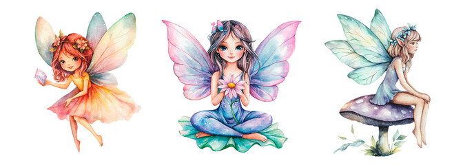 Cute Fantasy Fairy Holding Magic Gem Illustration. Watercolor illustration of three fantasy fairy girls.