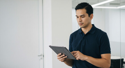 A focused young professional reviewing data on his tablet in a modern office setting with bright, clean lighting.