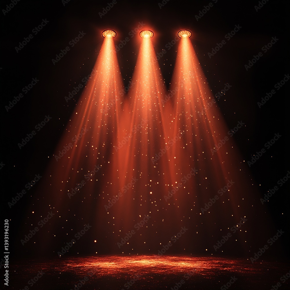 Poster dramatic stage lighting with three fiery orange spotlights and sparkling dust against a dark backgro
