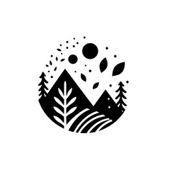Minimalist Black & White Nature Icon: Mountains, Trees, Leaves in Circle