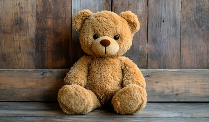 Obraz premium Charming teddy bear with soft fur and gentle expression sitting on a wooden backdrop for a delightful image : Generative AI