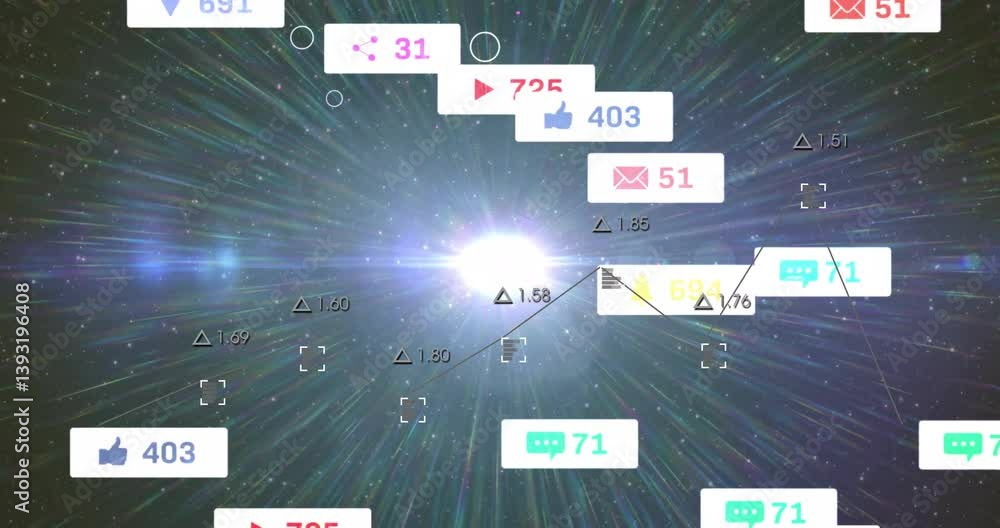 Poster animation of social media notifications and analytics data on cosmic burst background