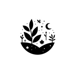 Black & White Minimalist Nature Icon: Plants, Moon, Stars