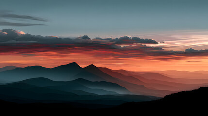 Fototapeta premium Sky painted with dusk tones above the ridged mountain horizon.