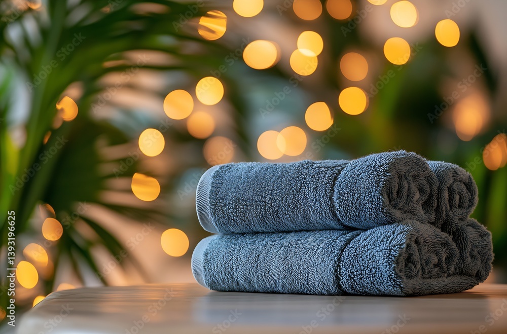 Fototapete Stylish gray towels elegantly arranged on a table illuminated by soft bokeh lights creating a serene spa like ambiance : Generative AI