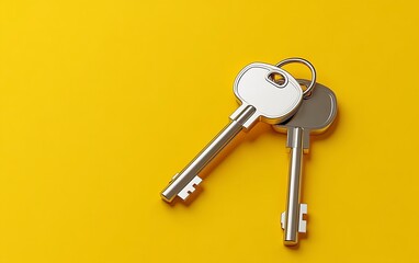 Two Silver Keys on Yellow Background Home Security Concept Minimalist Design Closeup Metallic : Generative AI