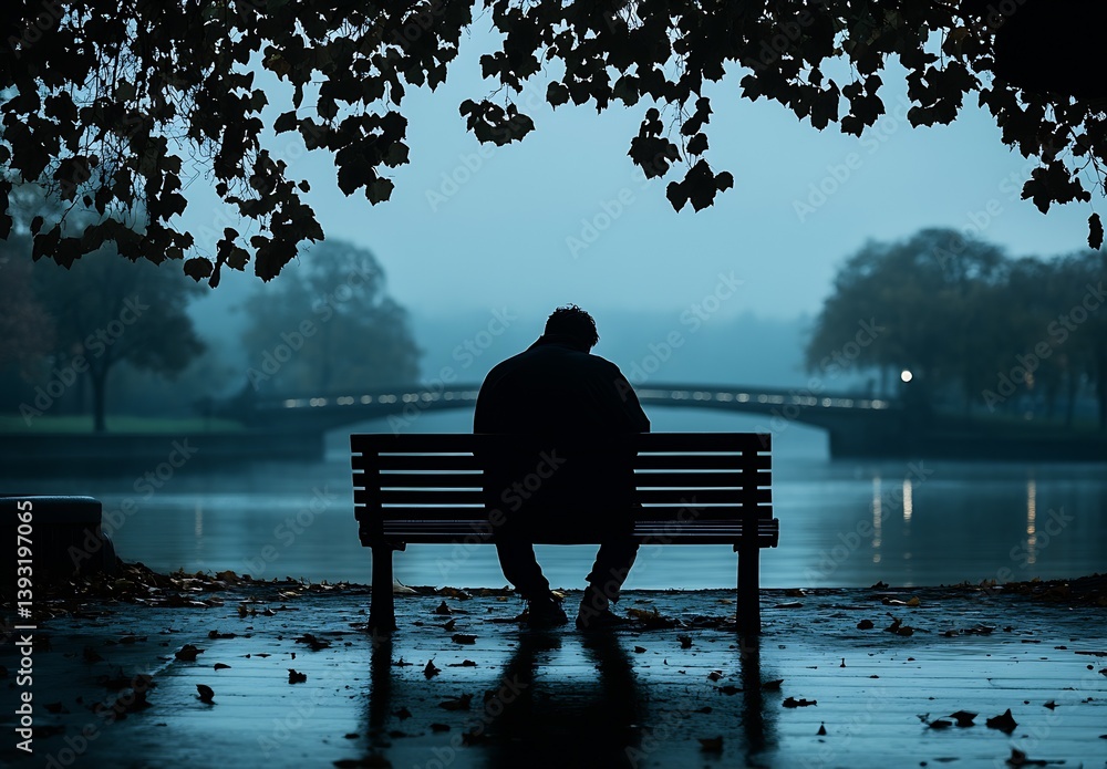 Poster mysterious evening scene of a man sitting alone on a bench under leafy branches near a reflective ri
