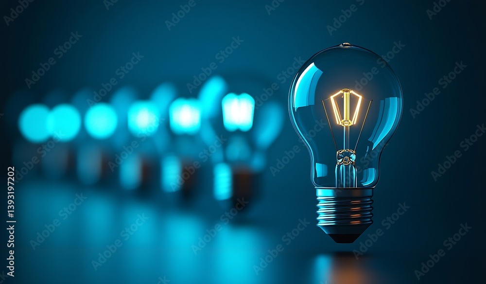 Poster glowing light bulbs in a row showcasing innovation ideas and energy efficiency with a clean and mode